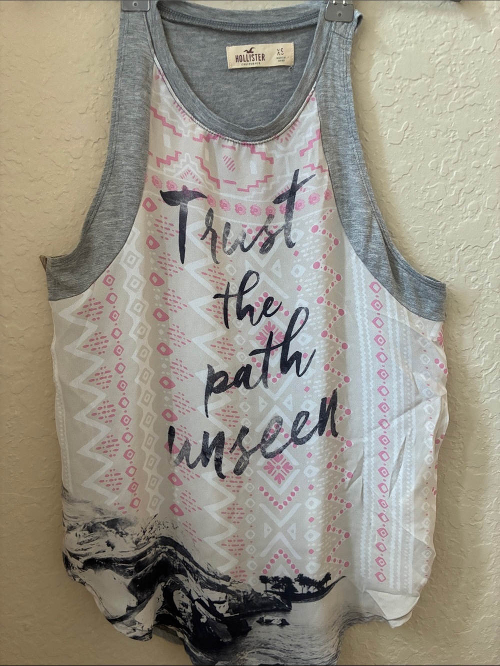 Hollister Women's Grey, White & Pink Graphic Tank - 'Trust the Path Unseen'